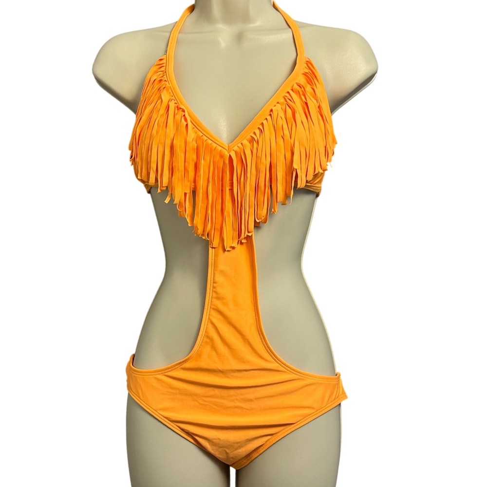 Express Swimsuit Medium Orange Fringe Cutout Monokini‎ Boho Festival Summer NWT - Picture 2 of 6